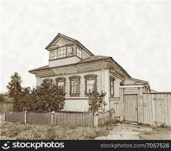 Beautiful natural wooden house, pencil sketch style