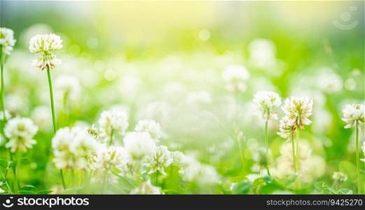 Beautiful nature background. Flowering white clover in meadow, spring grass and clover flower lit by sunlight in spring. Flowering clover in meadow