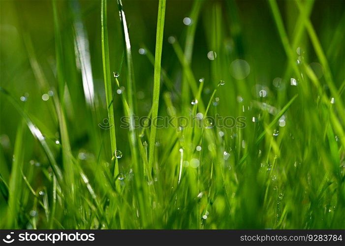Beautiful nature background with grass and morning dew. Sunbeams of the morning sun with water drops. Concept for nature and environment