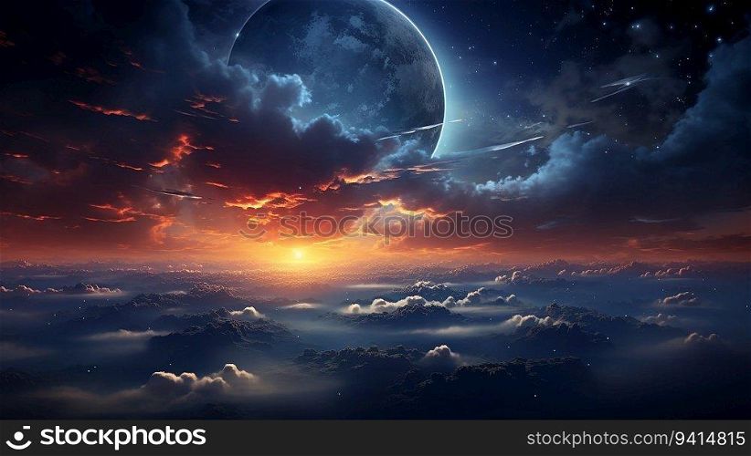 Beautiful Nature Cloudscape with Big Moon and Foggy Clouds on Blue Sky at Night