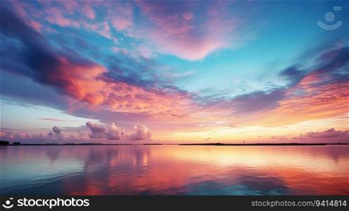 Beautiful Nature Landscape of Wide Sea Ocean with Horizon Clouds at Dusk