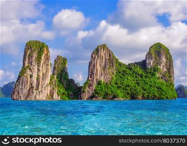 Beautiful nature landscape with sea and rocky island in Halong bay, Vietnam, Southeast Asia