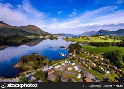 Beautiful Nature Norway natural landscape. Aerial view of the campsite to relax. Family vacation travel, holiday trip in motorhome.