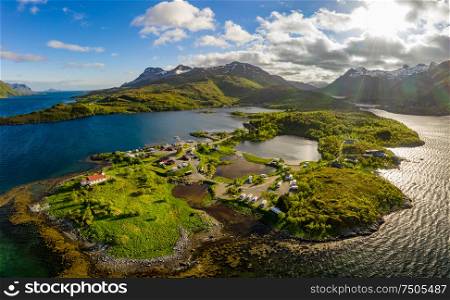 Beautiful Nature Norway natural landscape. Aerial view of the campsite to relax. Family vacation travel, holiday trip in motorhome RV.