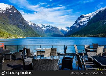 Beautiful Nature Norway natural landscape. Cafe on the nature background