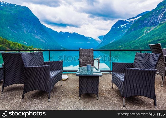 Beautiful Nature Norway natural landscape. Cafe on the nature background lovatnet lake.