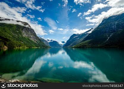 Beautiful Nature Norway natural landscape. lovatnet lake Lodal valley.
