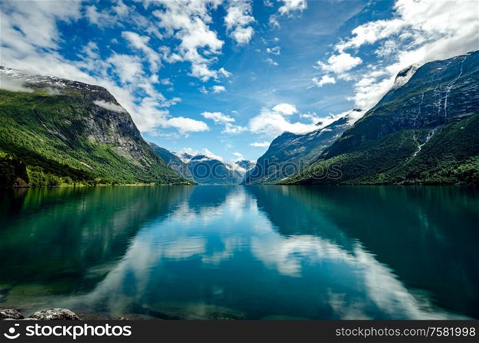 Beautiful Nature Norway natural landscape. lovatnet lake Lodal valley.