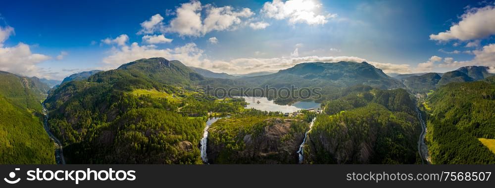 Beautiful Nature Norway natural landscape. Panorama Latefossen Waterfall Odda Norway. Latefoss is a powerful, twin waterfall.