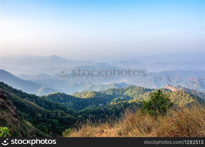 beautiful nature of hills and mountains complex with morning mist atmosphere.