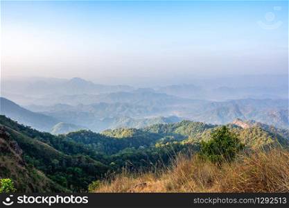 beautiful nature of hills and mountains complex with morning mist atmosphere.
