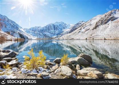 Beautiful nature scene in early winter mountains. Sierra Nevada landscapes. USA, California. Travel and winter vacation background.