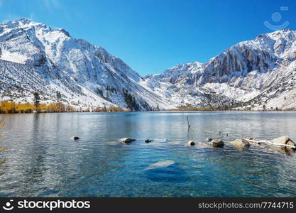 Beautiful nature scene in early winter mountains. Sierra Nevada landscapes. USA, California. Travel and winter vacation background.