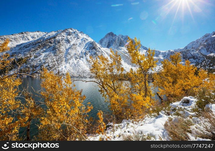 Beautiful nature scene in early winter mountains. Sierra Nevada landscapes. USA, California. Travel and winter vacation background.