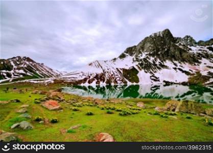 Beautiful nature scenery with bright blue lake in valley, Jammu & Kashmir, Northern India
