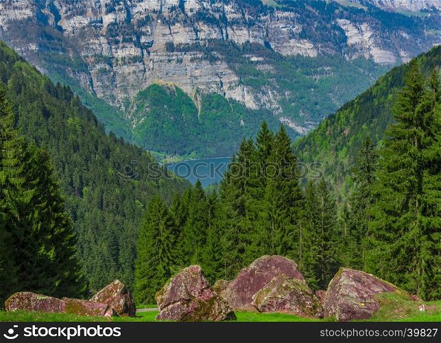 Beautiful nature wallpaper with a couple of big mountain rocks settled in the green grass of the Swiss Alps, with forests and a lake in the background. Picture taken near the village Unterterzen, in Switzerland.