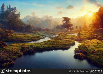 Beautiful nature with rivers , trees 3d illustrated
