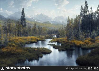 Beautiful nature with rivers , trees 3d illustrated