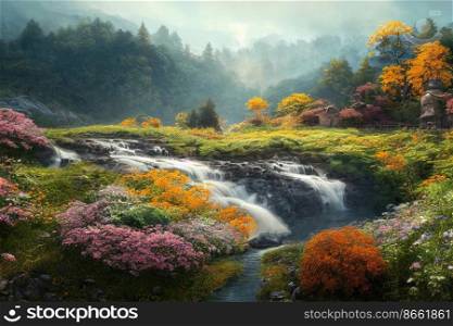 Beautiful nature with rivers , trees , flowers 3d illustrated