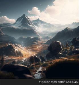Beautiful nature with strong mountains 3d illustrated