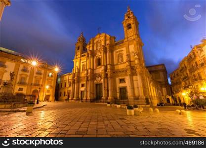 Beautiful night view of Piazza San Domenico and Church of Saint Dominic in Palermo, Sicily, southern Italy. Piazza San Domenico, Palermo, Sicily, Italy