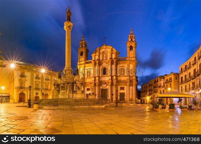 Beautiful night view of Piazza San Domenico, Column of the Immaculate Conception and Church of Saint Dominic in Palermo, Sicily, southern Italy. Piazza San Domenico, Palermo, Sicily, Italy