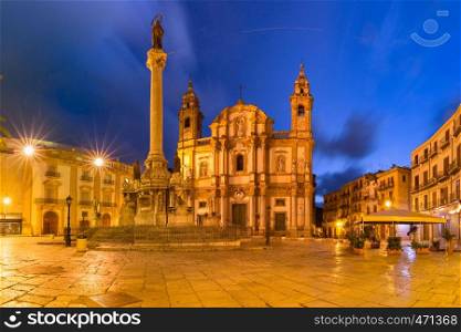Beautiful night view of Piazza San Domenico, Column of the Immaculate Conception and Church of Saint Dominic in Palermo, Sicily, southern Italy. Piazza San Domenico, Palermo, Sicily, Italy