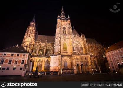 beautiful night view of St. Vitus Cathedral in Prague