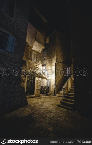 Beautiful night view of street at ancient city of Budva , Montenegro