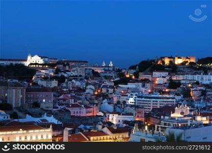 beautiful nightscape view of Lisbon (Castle of Sao Jorge, Cathedral and Pantheon)
