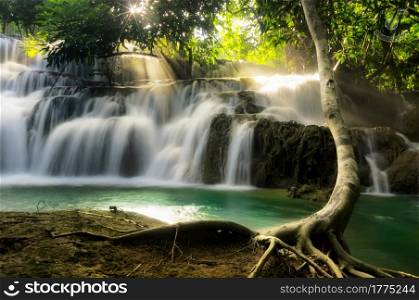 Beautiful Noppiboon waterfall in Tropical Rain Forest at Sangkhlaburi Kanchanaburi Province, Thailand. Unseen waterfalls.. Noppiboon waterfalls.
