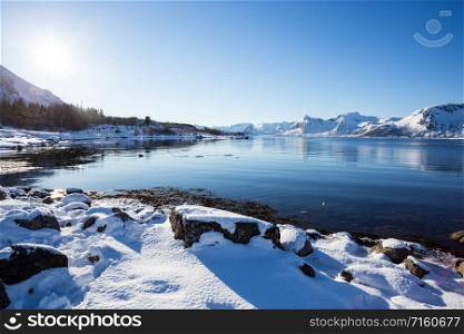 beautiful Norwegian landscape in winter. Lofoten Islands. Norway.