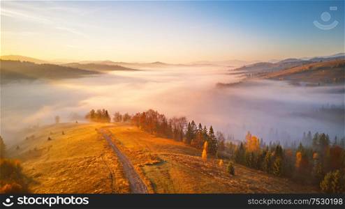 Beautiful November sunrise over mountain foggy valley. Awesome alpine highlands. Wide panorama of beautiful autumn Carpathian mountains, at early morning. Europe, Carpathians, Ukraine
