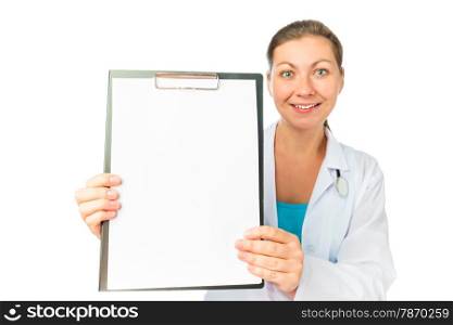 beautiful nurse holding a blank form in the hands