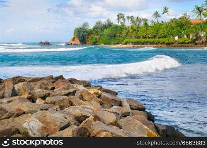 beautiful ocean, tropical palms on the shore and cloudy sky