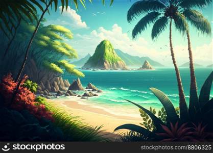 Beautiful ocean view beach with tropical palm leaves