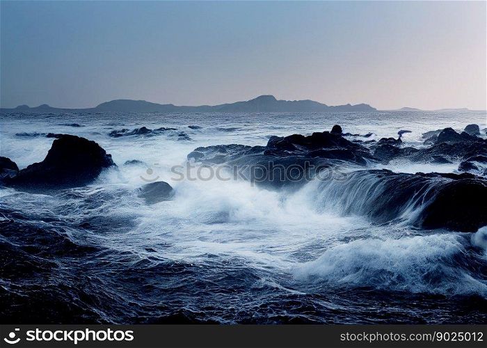 Beautiful ocean with big stones, angry waters at beach