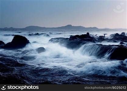 Beautiful ocean with big stones, angry waters at beach
