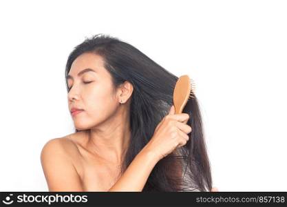 Beautiful of age 40+ Asian woman long black hair on white background. Health and surgery concept