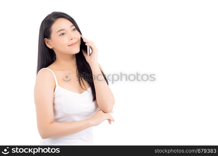 Beautiful of portrait asian young woman smile and happy talking calling with mobile phone isolated on white background.