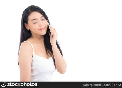 Beautiful of portrait asian young woman smile and happy talking calling with mobile phone isolated on white background.