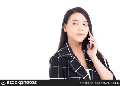 Beautiful of portrait asian young woman smile and happy talking calling with mobile phone isolated on white background, communication concept.
