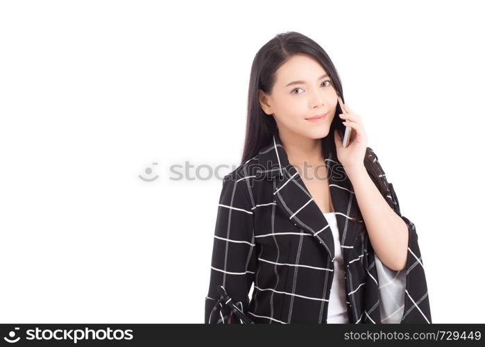 Beautiful of portrait asian young woman smile and happy talking calling with mobile phone isolated on white background, communication concept.