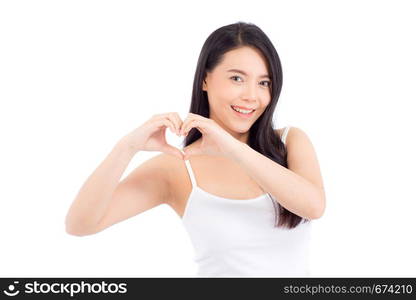 Beautiful of portrait asian young woman standing gesture heart shape, girl romantic with expression show love posing, valentines day concept.