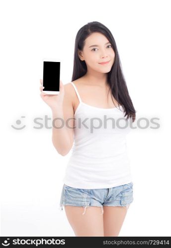 Beautiful of portrait woman with smile and happy showing smart mobile phone isolated on white background, presenter holding telephone, communication concept.