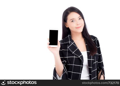 Beautiful of portrait woman with smile and happy showing smart mobile phone isolated on white background, presenter holding telephone, communication concept.