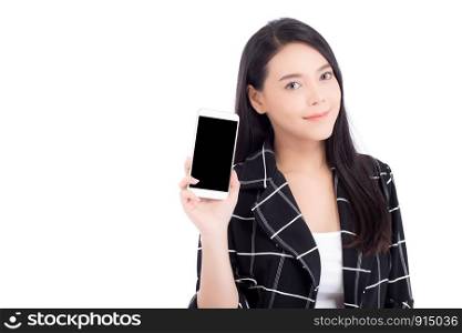 Beautiful of portrait woman with smile and happy showing smart mobile phone isolated on white background, presenter holding telephone, communication concept.