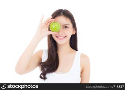 Beautiful of portrait young asian woman smile and holding green apple fruit, girl with wellness and healthy isolated on white background.
