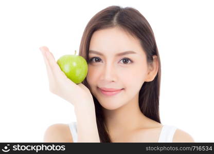 Beautiful of portrait young asian woman smile and holding green apple fruit, girl with wellness and healthy isolated on white background.