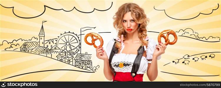Beautiful offended Oktoberfest waitress wearing red jumper shorts with suspenders as traditional dirndl, holding two pretzels, pouting against sketchy amusement park. Facebook size format.